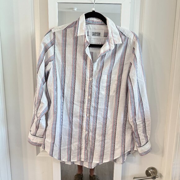 Grayson The Hero Button Down Shirt Blue White Red Stripes By Frank & Eileen - Picture 2 of 6